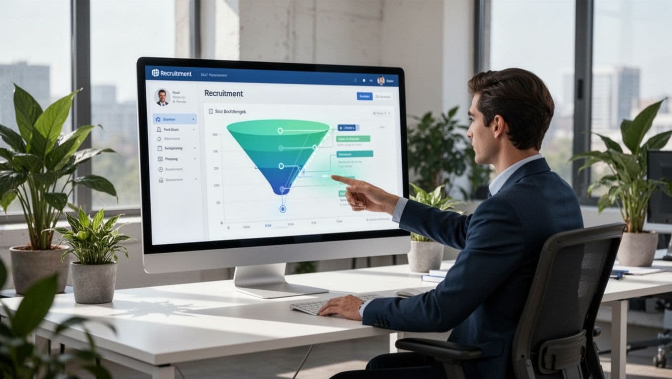 Modern illustration featuring a recruitment dashboard on a large monitor showing a pipeline funnel chart with a subtle bottleneck highlight at the interview stage. A recruiter points relaxedly toward the screen in an office with plants and natural daylight.