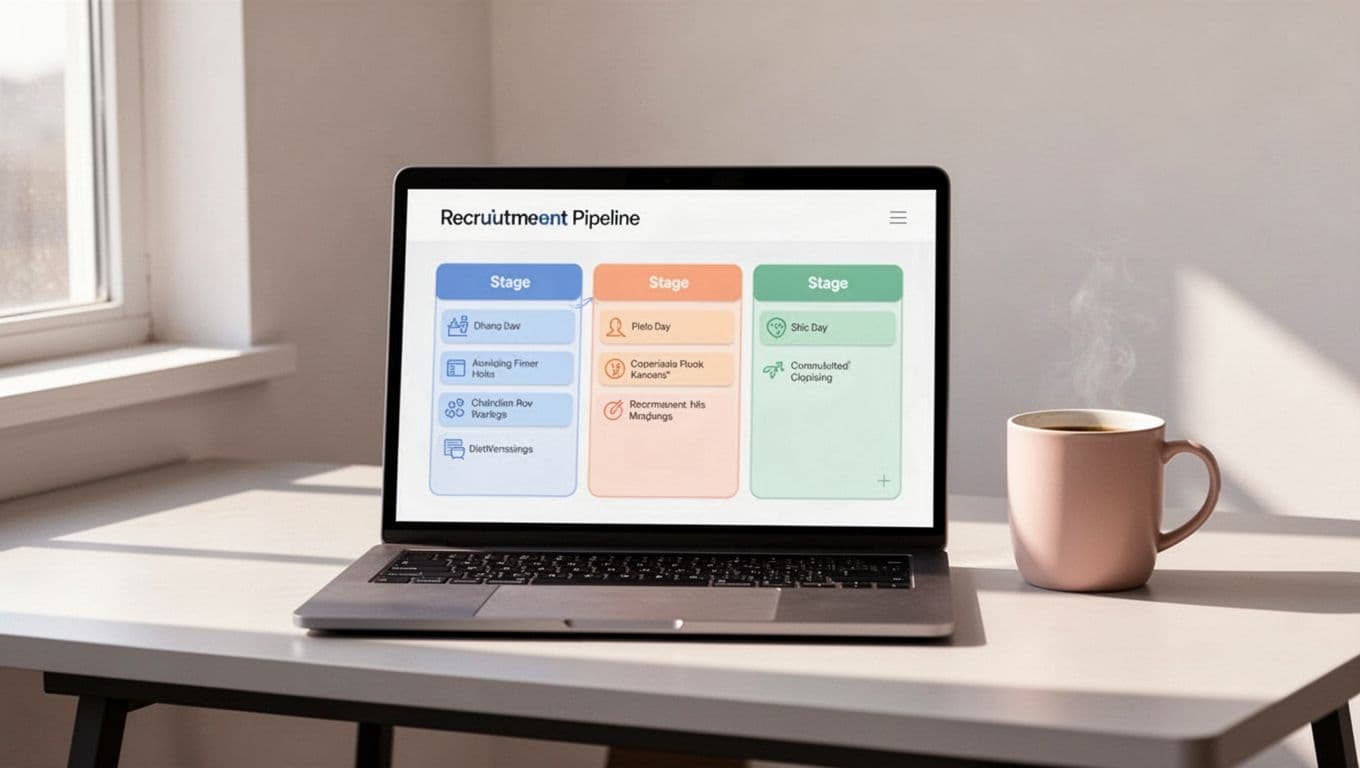 Modern illustration featuring a kanban board on a laptop screen displaying recruitment stages like sourcing, outreach, interview, and placement, set on a desk with a coffee mug under soft daylight.