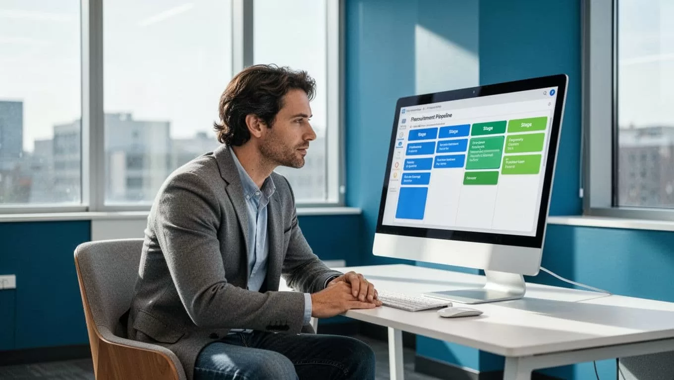 Modern illustration of a marketing lead in a contemporary office viewing a shared recruitment pipeline Kanban board on a computer monitor at a slight angle. Clean shapes with blue and green color palette, strong composition, relaxed pose, bright natural lighting, and no extra elements.