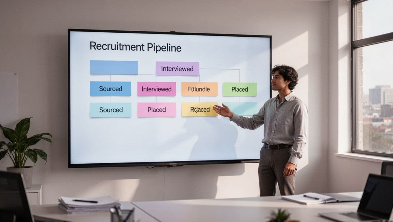 Large monitor in modern office displays recruitment pipeline stages with candidate cards; one person stands nearby pointing relaxed.
