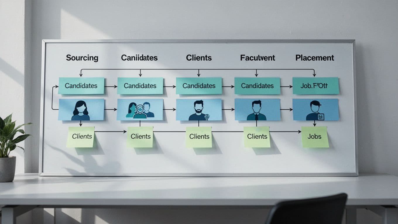 Horizontal board shows recruitment stages with cards for candidates, clients, and jobs, linked by arrows and sticky notes on minimalist office background.