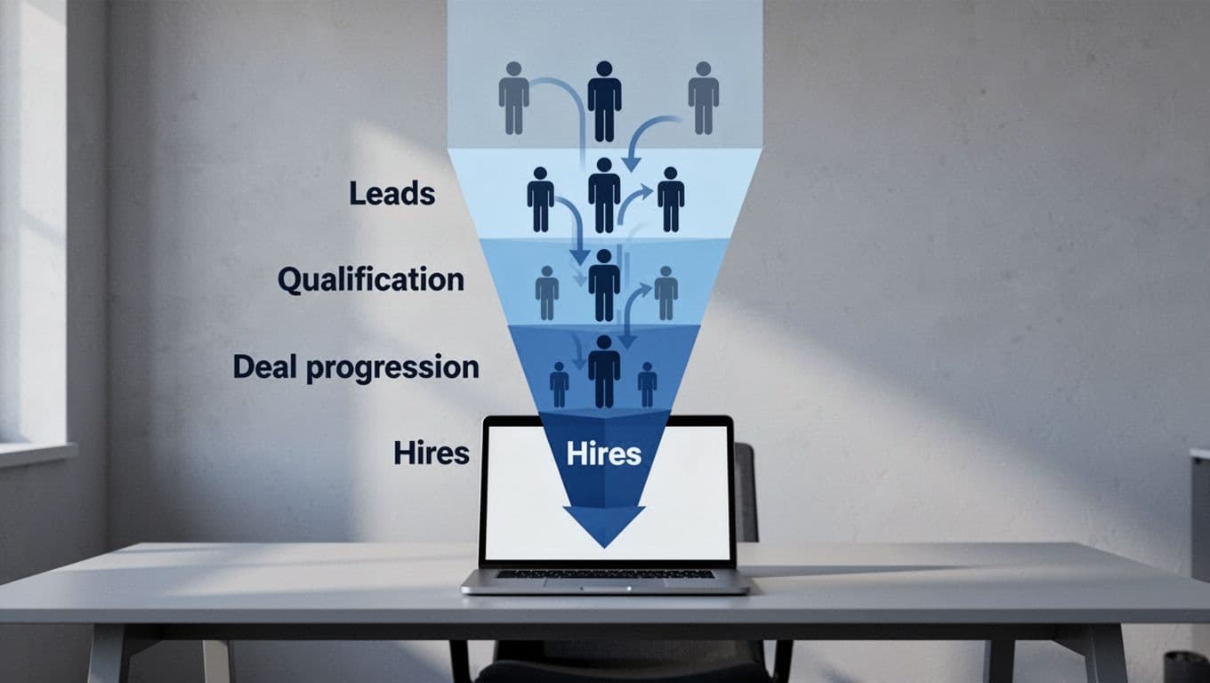 Funnel divided into stages from leads at top to hires at bottom, with person icons flowing down over office desk and laptop.
