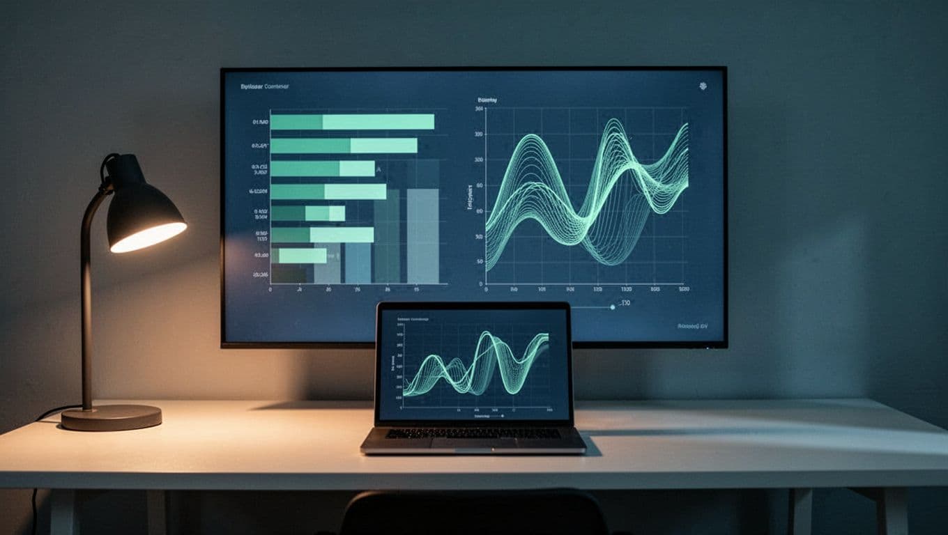 Modern illustration featuring a bar chart and line graph on a laptop screen displaying source performance and conversion rates for recruitment channels, in a minimalist workspace with warm desk lamp lighting, clean blue-green palette.