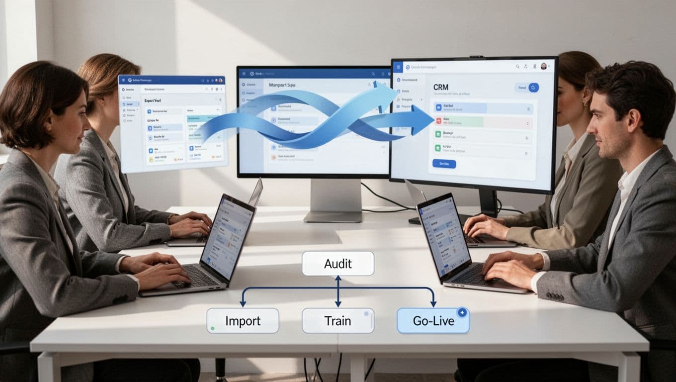Three team members at desks show data arrows transferring from old software to new Recruit CRM interface, with foreground flowchart of audit-export-import-train-go-live steps.