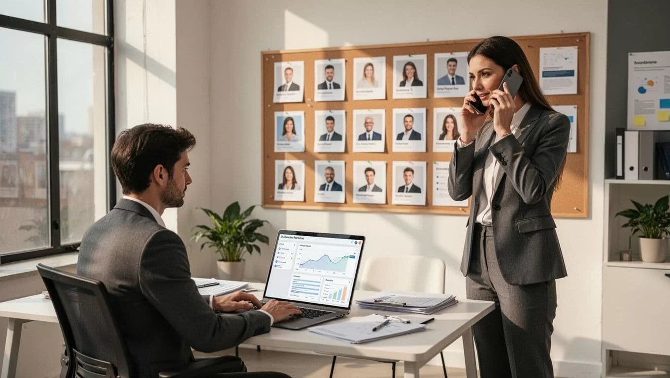 Two recruiters in bright office: one at desk with laptop showing CRM dashboard, another on phone, candidate profiles on wall board.