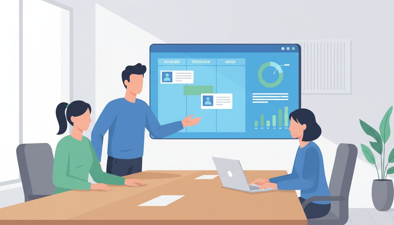 Three team members collaborate around shared digital board with candidate cards in stages and analytics charts in conference room.