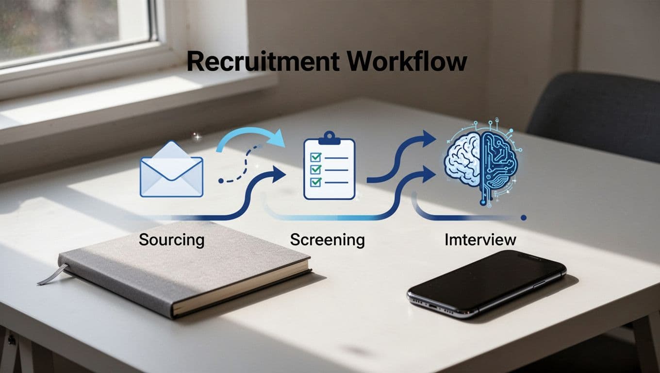 Flowchart on desk shows arrows linking sourcing, screening, interview stages with email, task, AI icons, beside notepad and phone.