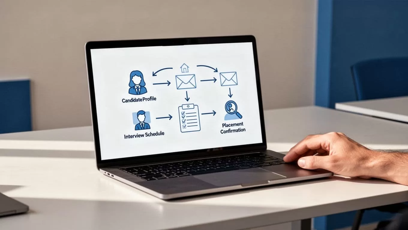 Office desk with laptop screen showing flowchart arrows connecting candidate profile, email, interview schedule, and placement icons; one hand rests nearby.