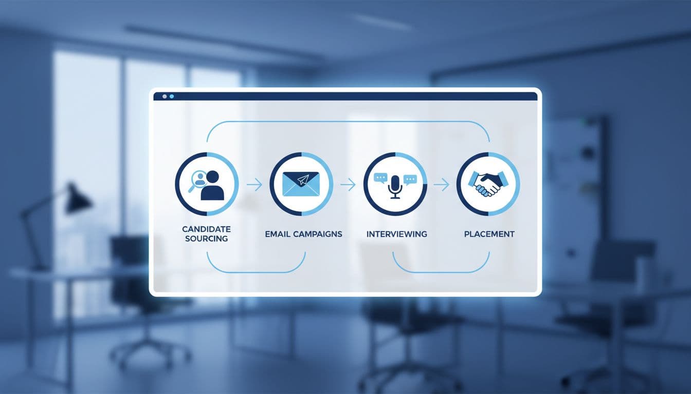Icons depicting candidate sourcing, emailing, interviewing, and placement connected by arrows on a digital board with simple office background.