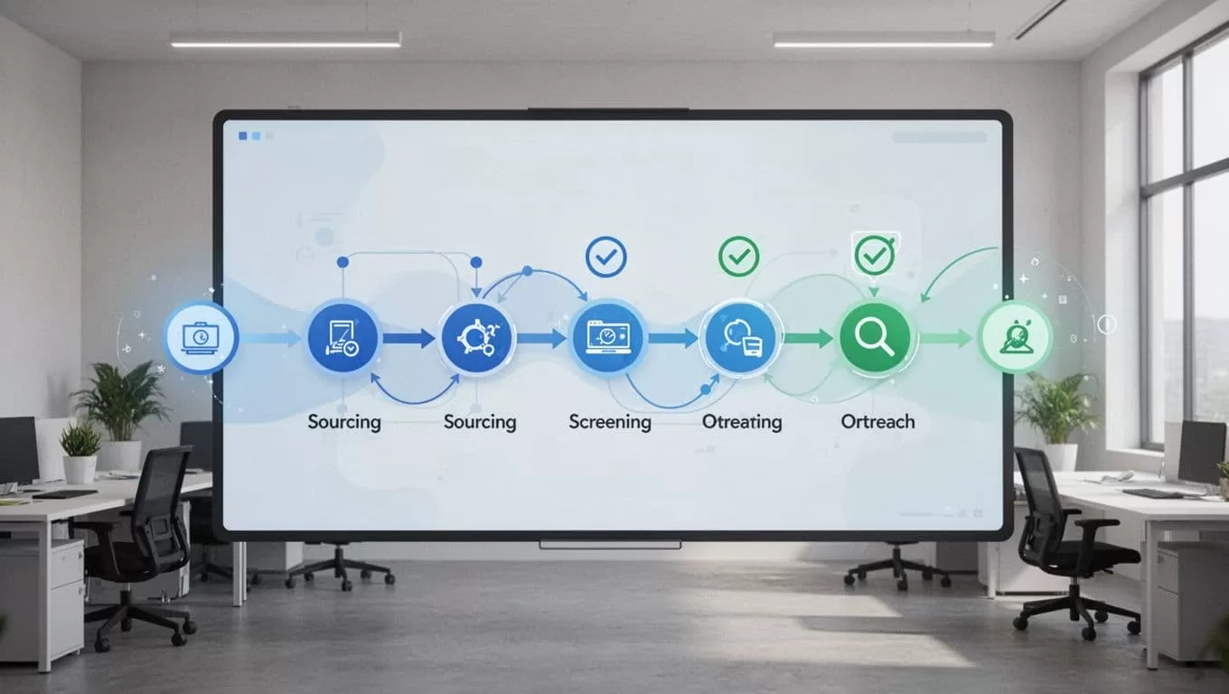 Connected nodes on digital board show sourcing to screening to outreach, with human approval icons at key points.
