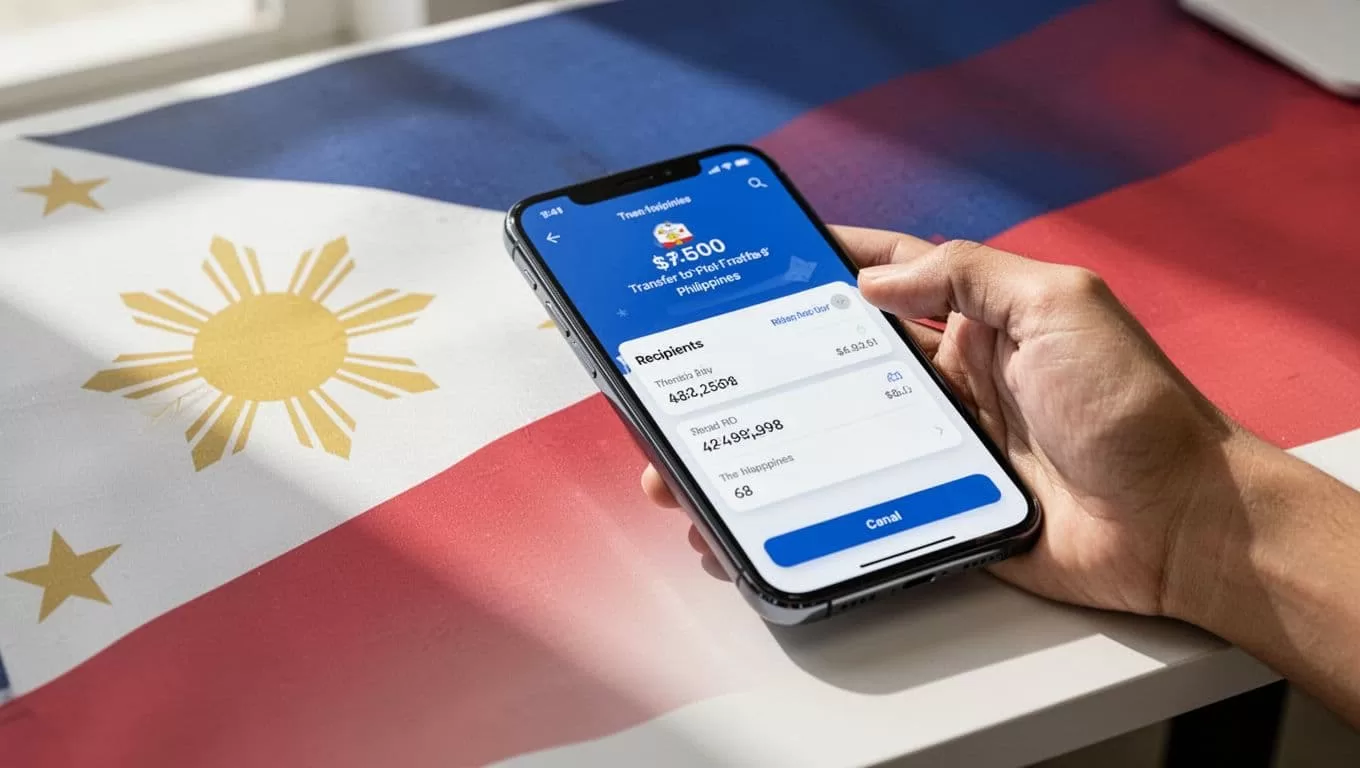 Smartphone on desk shows Remitly app transfer setup to Philippines with hand resting on it and subtle Philippine flag in background.