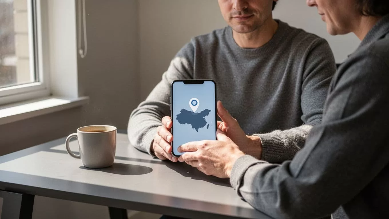 Person holds smartphone showing transfer confirmation to India with map pin and cash icon, on desk with coffee mug.