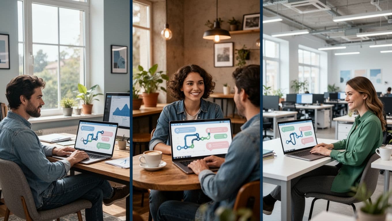 Three recruiters in home office, cafe, and co-working space collaborate via split-screen video call with shared pipeline charts on laptops.
