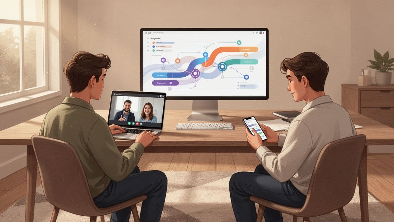 Desktop screen showing team timeline with milestones and dependencies for project phases, featuring two relaxed remote workers—one on video call, one checking phone—in cozy settings.