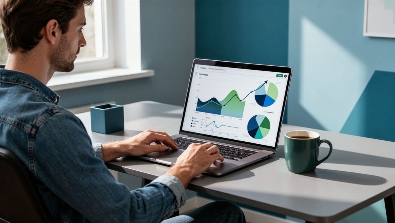 Modern illustration of a remote worker at a desk with laptop showing rising trend graphs for remote work tools and a coffee mug nearby.