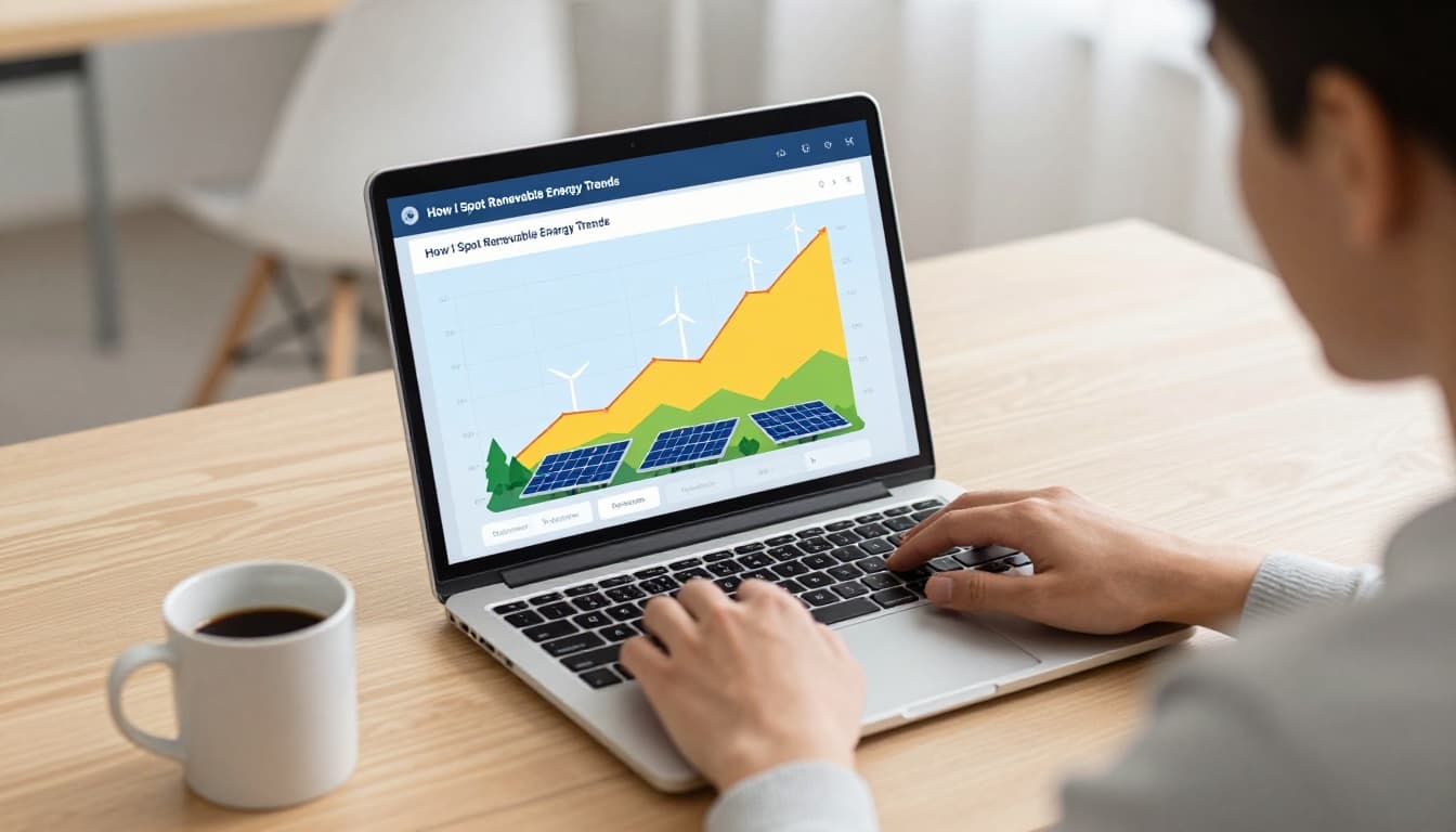 Modern illustration of a laptop screen showing a trend dashboard with rising charts for renewable energy topics including solar panels and wind turbines, viewed by one person from the side in a clean office with a coffee mug on the desk.