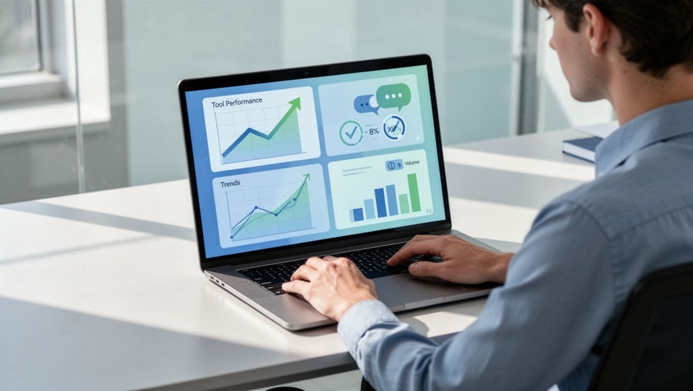 Modern illustration of a researcher in a bright workspace viewing a laptop screen split into four sections: Exploding Topics trend graphs, Google Trends comparisons, Reddit discussion bubbles, and keyword volume bars. Clean shapes and soft blues-greens palette emphasize tool comparison for market research.