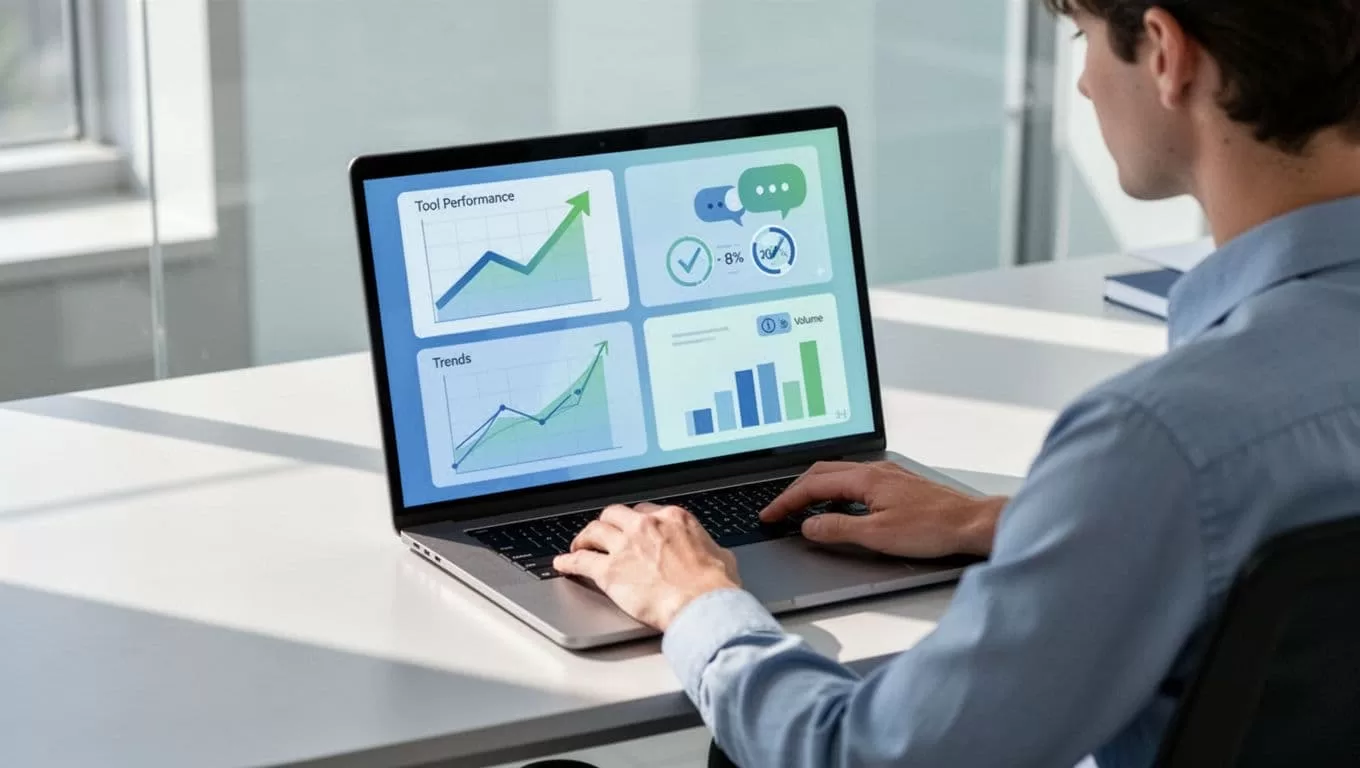 Modern illustration of a researcher in a bright workspace viewing a laptop screen split into four sections: Exploding Topics trend graphs, Google Trends comparisons, Reddit discussion bubbles, and keyword volume bars. Clean shapes and soft blues-greens palette emphasize tool comparison for market research.