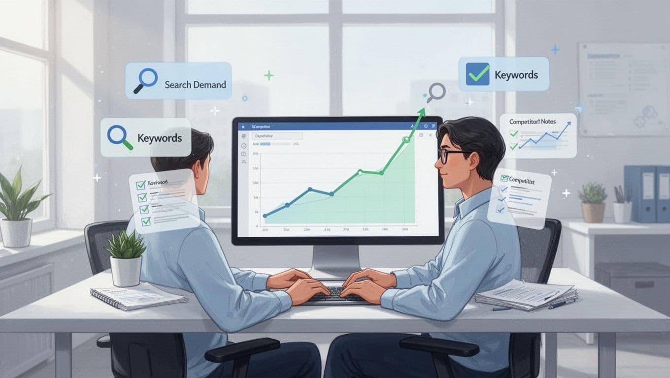 Modern illustration of a researcher at a clean desk in a bright office, viewing a rising trend graph on Exploding Topics dashboard with channel breakdowns and floating icons for search demand, keywords, checklist, and competitor notes.