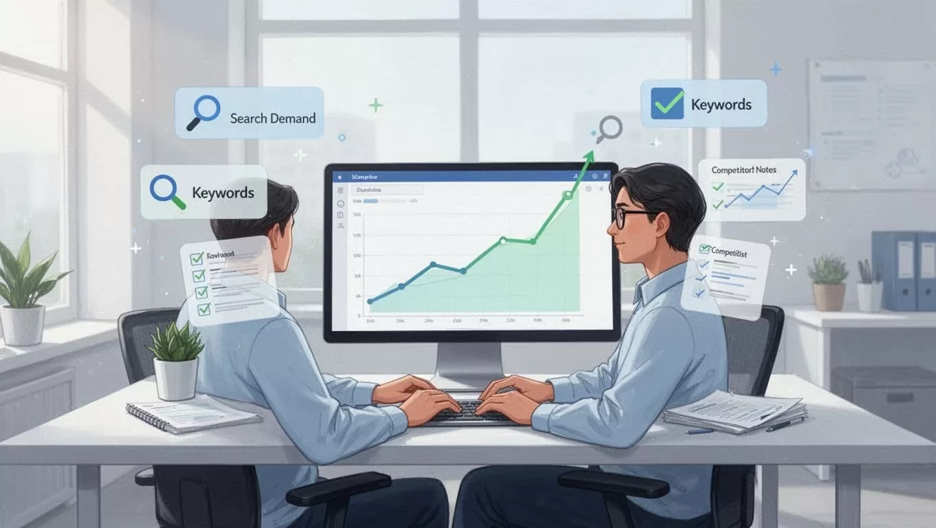 Modern illustration of a researcher at a clean desk in a bright office, viewing a rising trend graph on Exploding Topics dashboard with channel breakdowns and floating icons for search demand, keywords, checklist, and competitor notes.