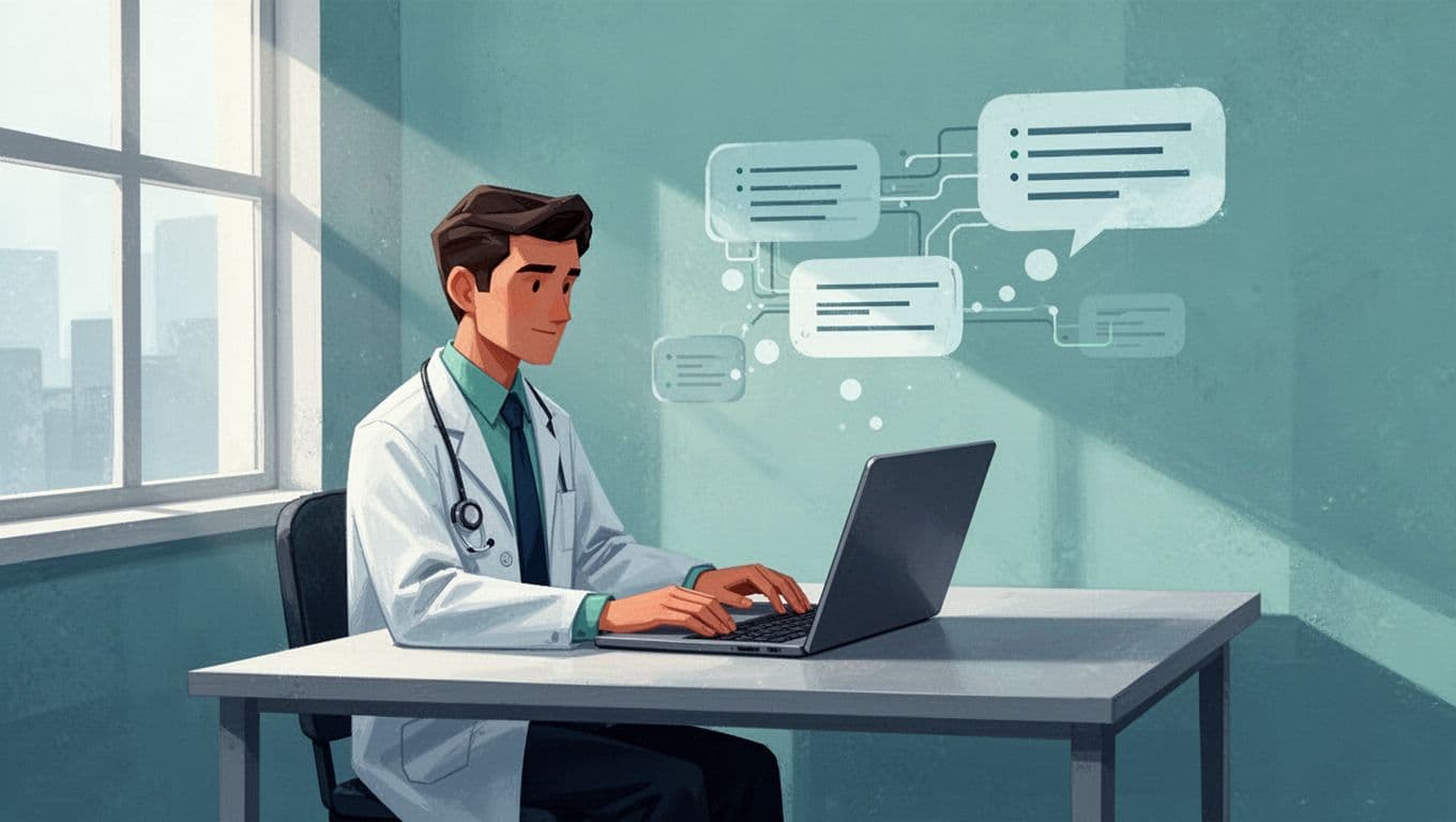 Modern illustration in clean shapes with blues and greens palette showing one researcher at a simple desk, laptop open with organized bullet-point notes transforming into speech bubbles, soft side window lighting, relaxed hands near keyboard.