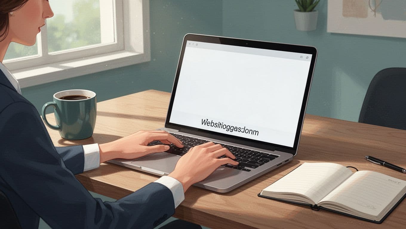 Illustration of a focused professional at a modern wooden desk typing a restaurant website domain into an email finder search bar on a laptop screen, in a cozy office with coffee mug, notebook, and window light.