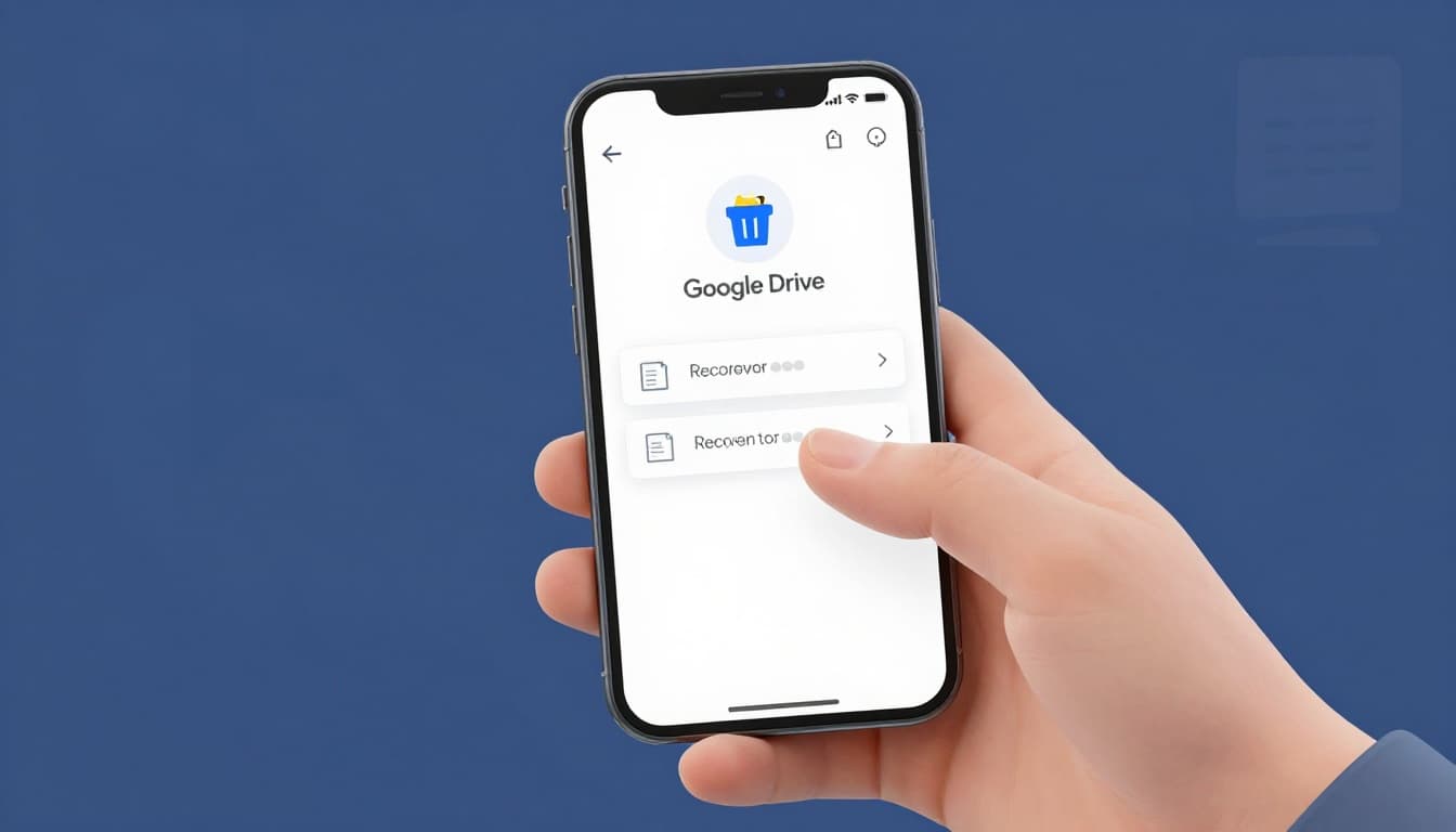 Modern office worker using smartphone app to view Google Drive trash and restore a deleted document, with screen showing trash icon and files, hand tapping restore in clean illustration style with soft blue tones.