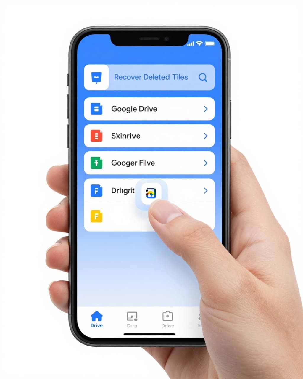 Modern illustration showing a mobile phone screen with Google Drive trash folder, a finger tapping the restore button on a selected colorful file icon, held naturally at an angle with soft glow and minimal UI.