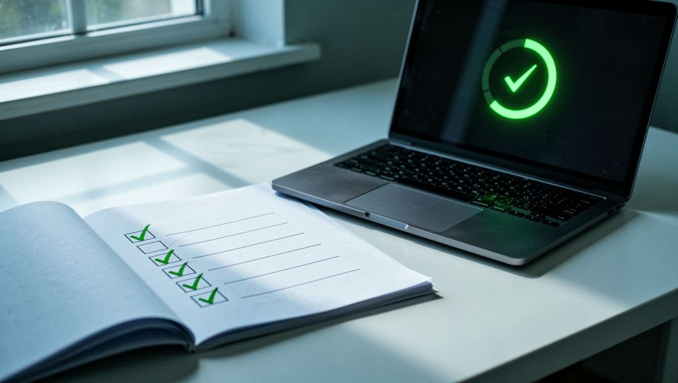 Modern illustration of a checklist for restore testing with checkmarks on paper next to a laptop showing successful data recovery in a clean desk setting.