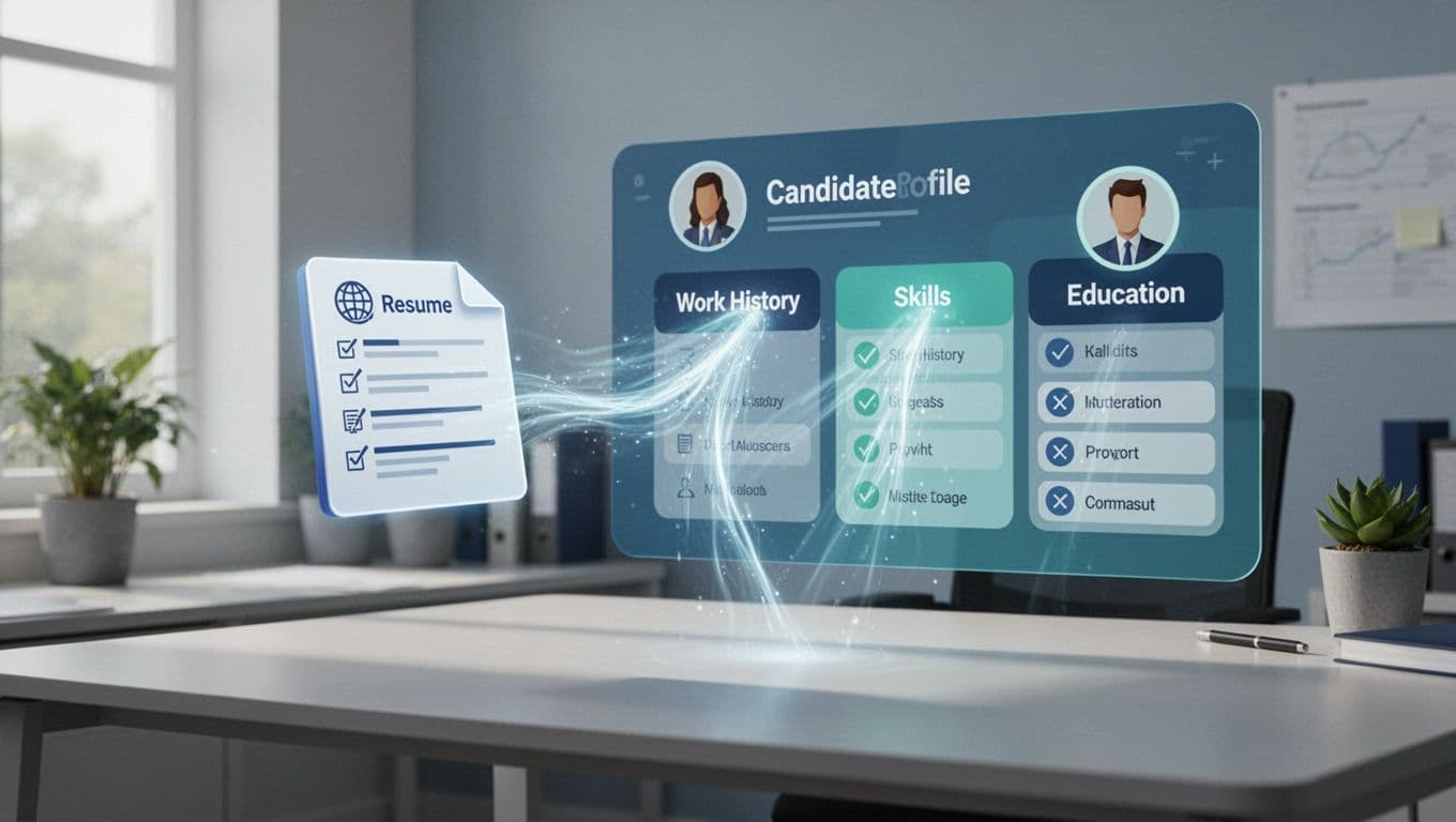 Illustration of a resume file being dragged to a candidate profile screen, with data automatically extracting into fields for work history, skills, and education. Modern style with clean office background, blue and green colors, focused on the process.