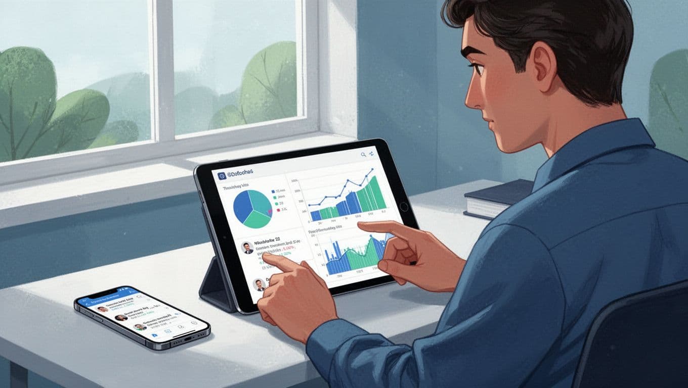 Modern illustration of a professional at a desk reviewing revenue projection charts on a tablet and forum comments on a phone to validate trend monetization potential.