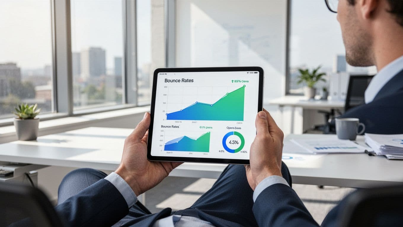 Modern illustration of a person in a bright office reviewing improving email metrics charts, including bounce rates and opens, on a tablet with a relaxed pose.