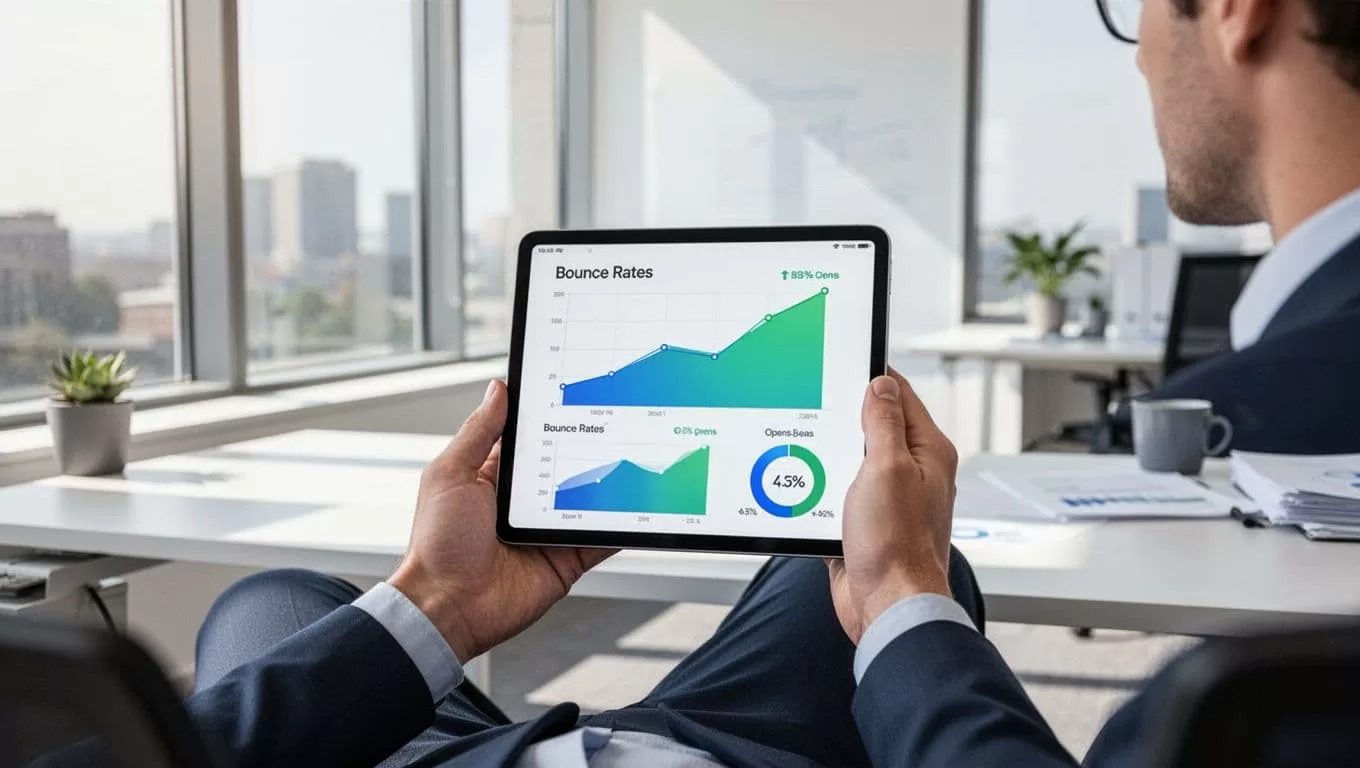 Modern illustration of a person in a bright office reviewing improving email metrics charts, including bounce rates and opens, on a tablet with a relaxed pose.