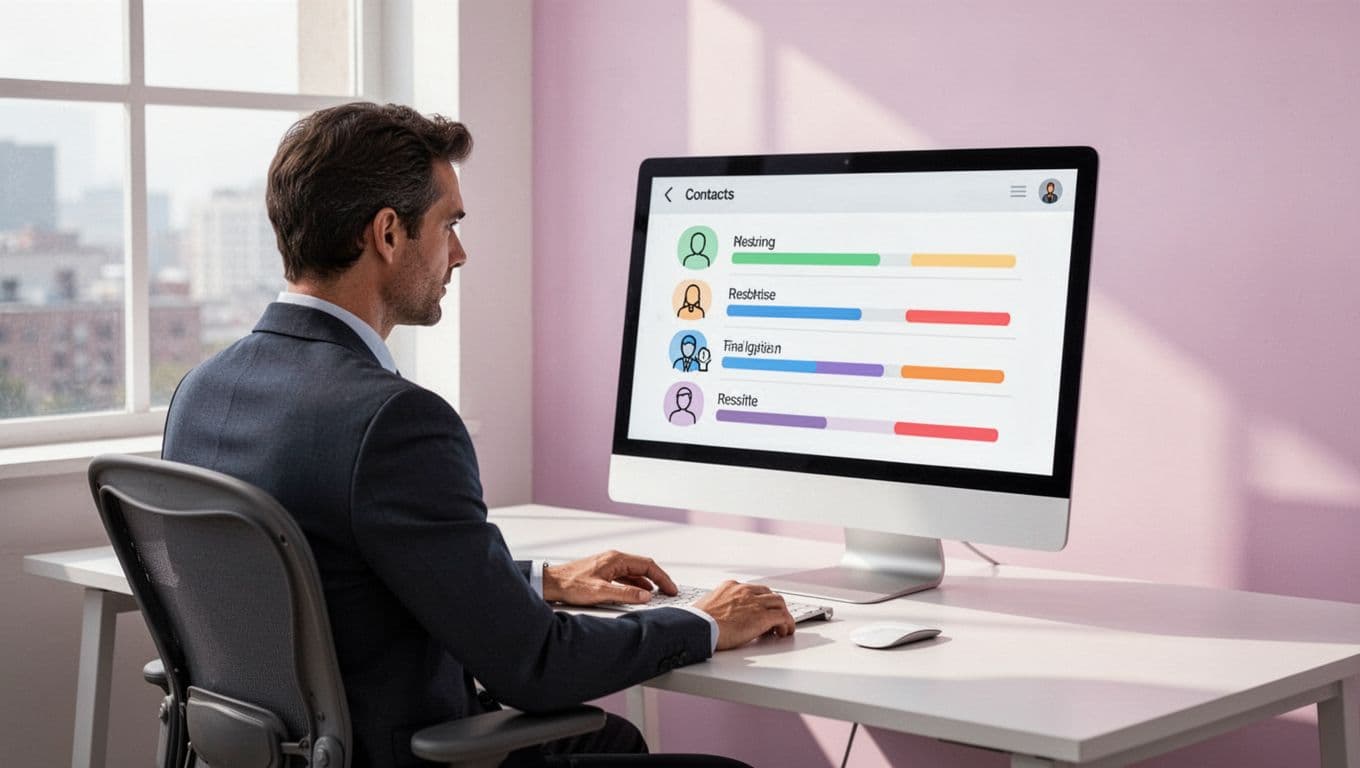 Modern illustration matching previous style showing filtered email results list from Hunter.io domain search with roles like CEO Marketing Director confidence scores, person reviewing list on screen, same clean shapes controlled colors strong composition office desk setting one person no text details on screen no logos no extra hands no watermarks