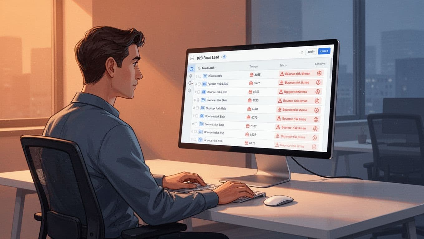 A RevOps professional analyzes a B2B email lead list on a computer monitor, with rows marked by red warning icons for catch-all, disposable, and invalid emails to protect deliverability.