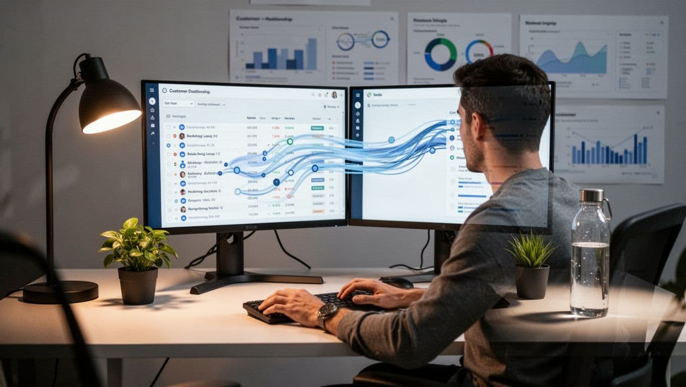 Modern illustration of a RevOps specialist at a workstation with dual screens, one displaying Hunter.io enriched leads flowing via arrows to a CRM interface like Salesforce or HubSpot, with updating charts, plant, water bottle, and warm desk lamp.