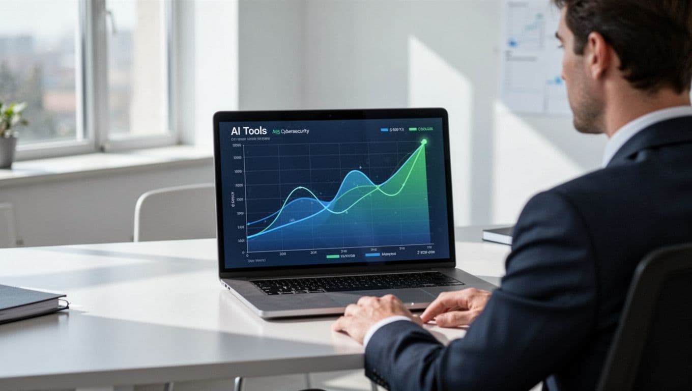 Modern illustration of a dashboard screen displaying rising trend graphs for B2B services like AI tools and cybersecurity, in clean blue and green tones, viewed by one person on a laptop in an office.