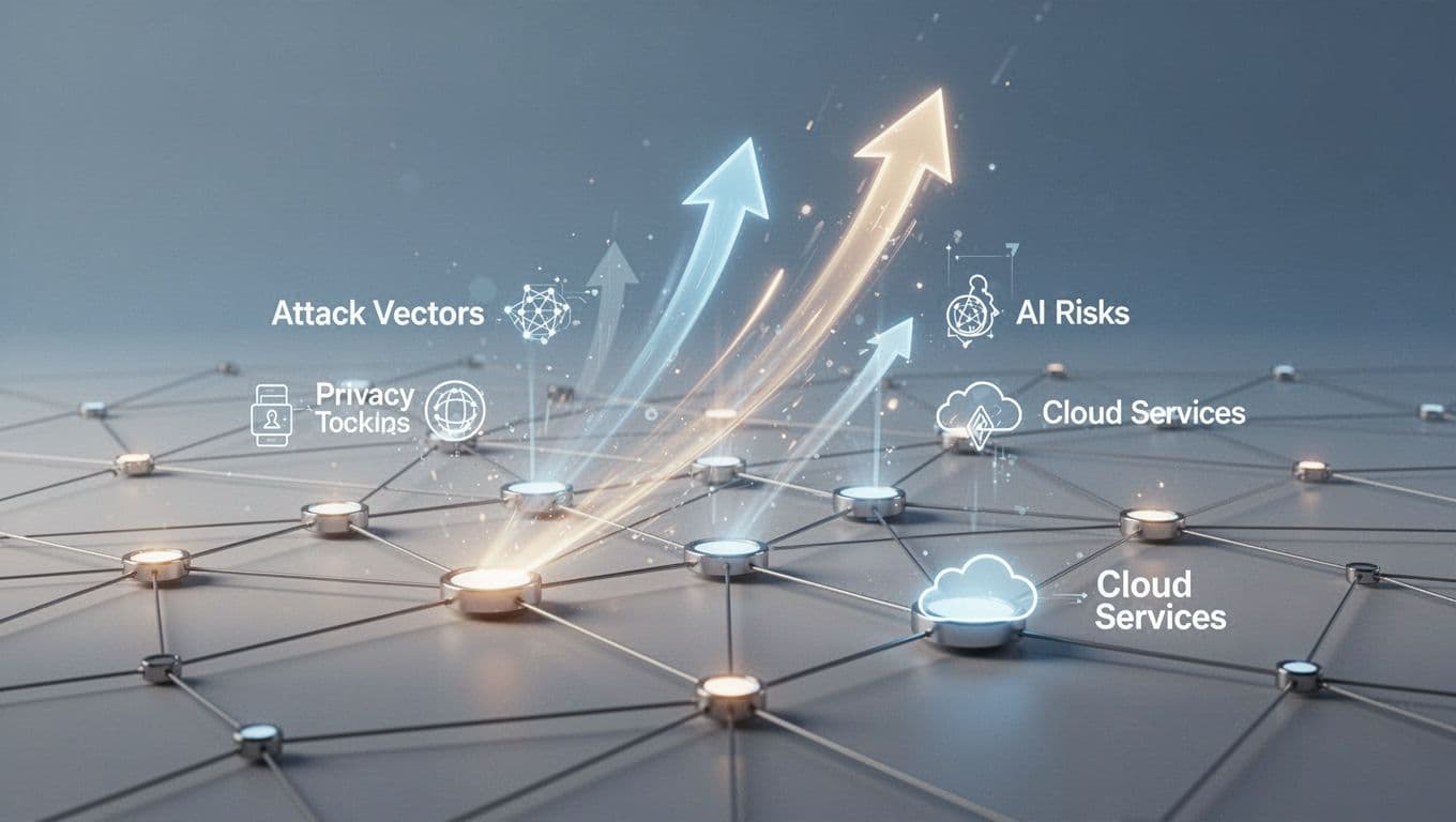 Abstract modern illustration visualizing exploding cybersecurity trends as interconnected nodes and rising arrows representing attack vectors, privacy tools, AI risks, and cloud themes on a neutral blue-gray background.