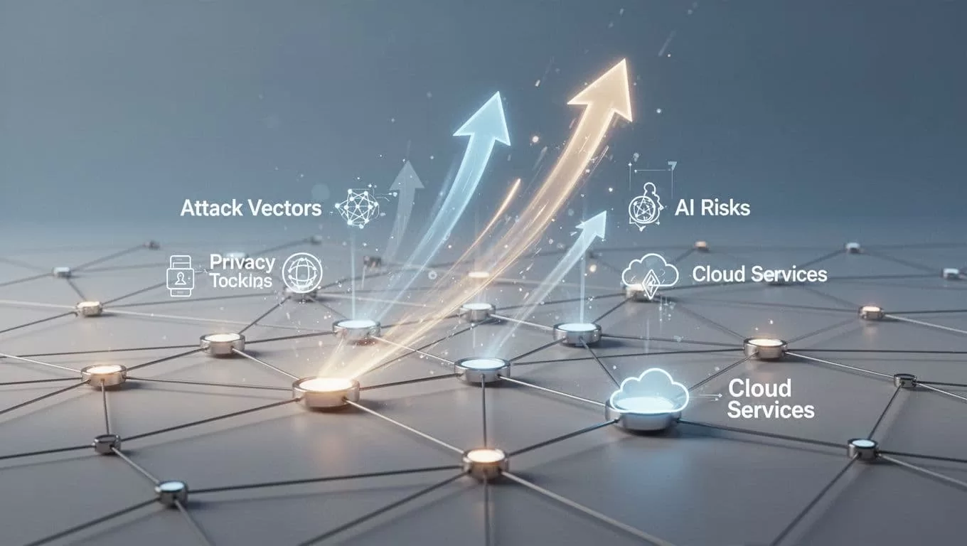 Abstract modern illustration visualizing exploding cybersecurity trends as interconnected nodes and rising arrows representing attack vectors, privacy tools, AI risks, and cloud themes on a neutral blue-gray background.