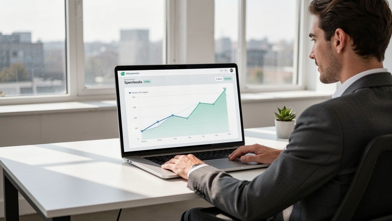Modern illustration of a laptop screen in a bright office displaying a simple dashboard with rising line charts for mental health app search trends, viewed by one person at a desk, using clean shapes and subtle blue-green tones.