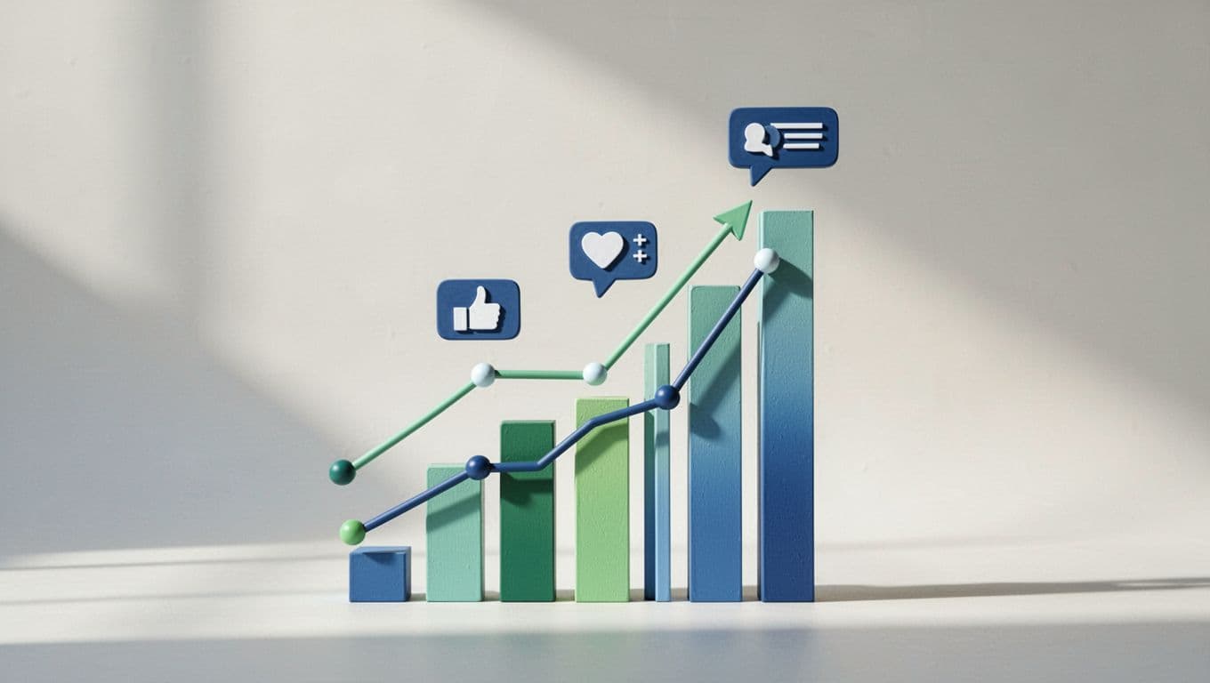 Illustration of growing social media graphs with likes, shares, and comments icons rising upwards in a clean modern style using greens and blues, strong vertical composition showing upward trend on simple background.