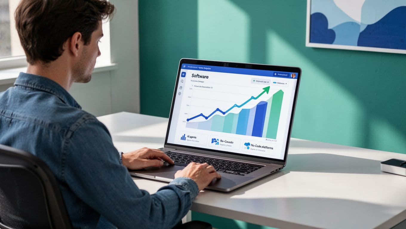 Modern illustration of a laptop screen showing a trends dashboard with rising graphs for AI agents and no-code platforms, viewed by one person on a clean office desk in blue and green tones.
