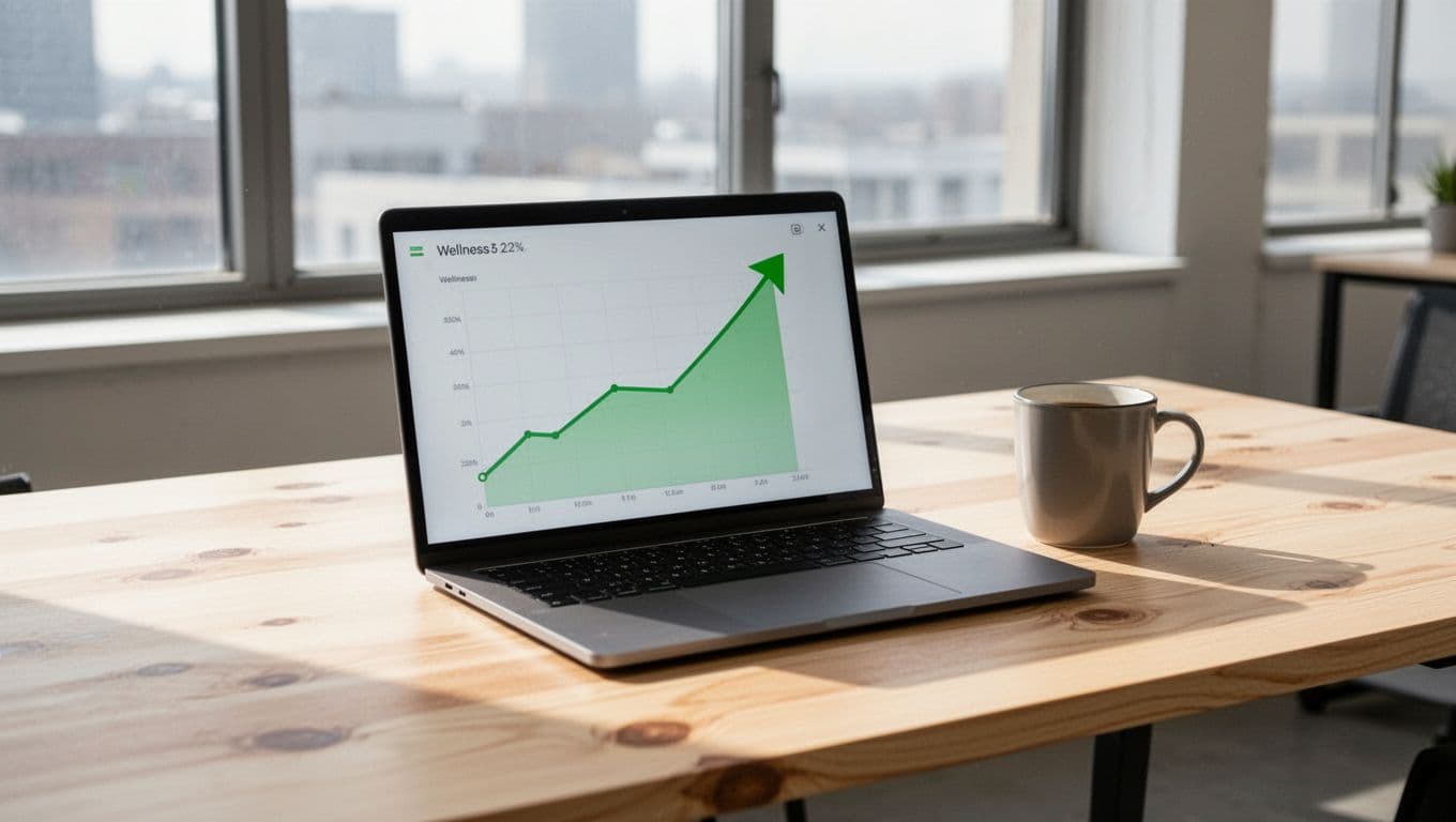 Illustration of a laptop on a wooden desk displaying a rising green trend graph for wellness therapy metrics, accompanied by a coffee mug and illuminated by bright office window light.