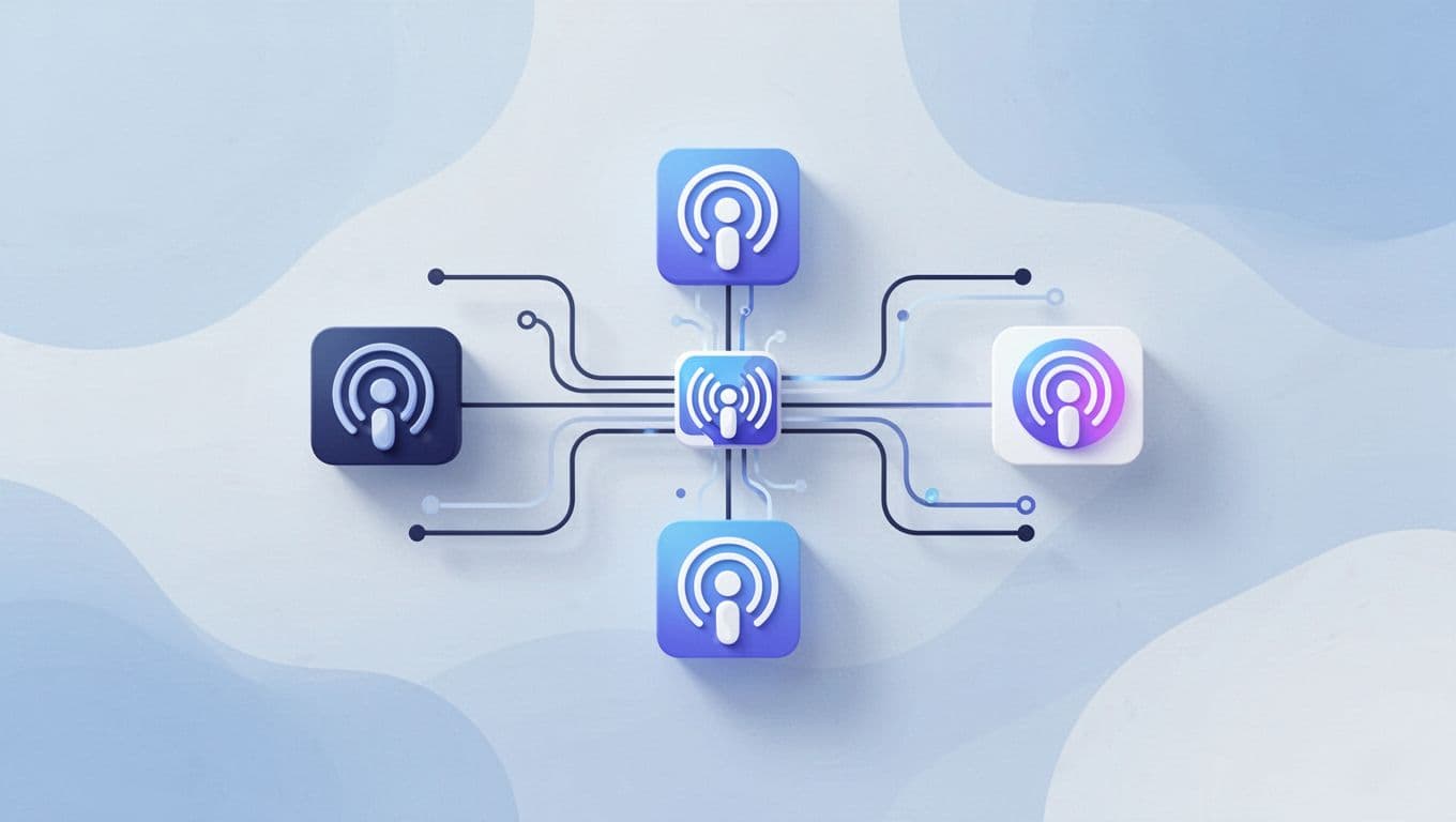 Central RSS icon flows via arrows to simplified Apple Podcasts, Spotify, and YouTube icons in a network diagram.