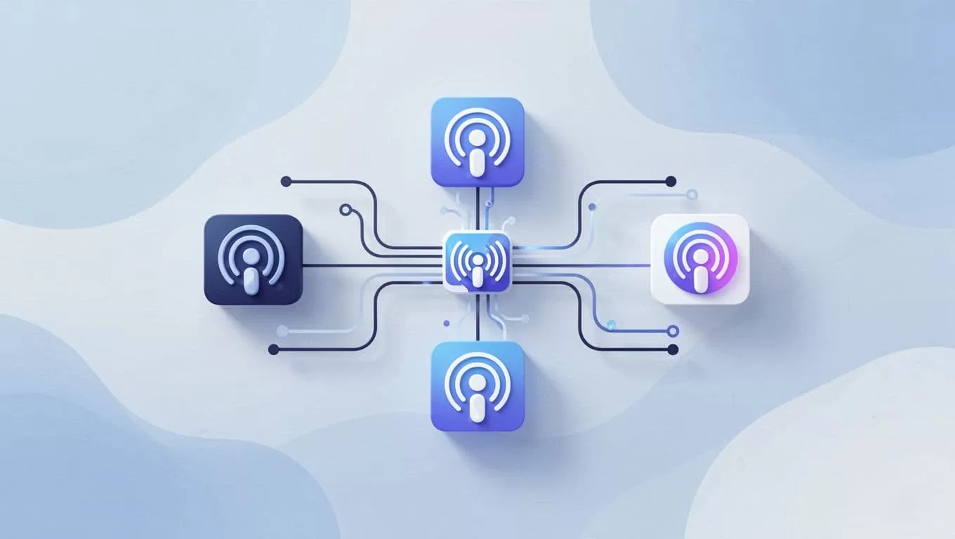 Central RSS icon flows via arrows to simplified Apple Podcasts, Spotify, and YouTube icons in a network diagram.