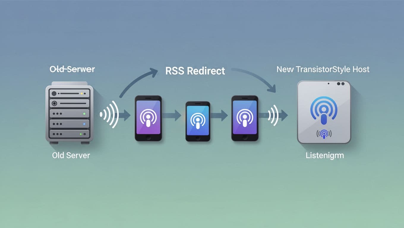 Flowchart diagram with arrows from old host to new Transistor.fm host, featuring Apple Podcasts and Spotify icons.