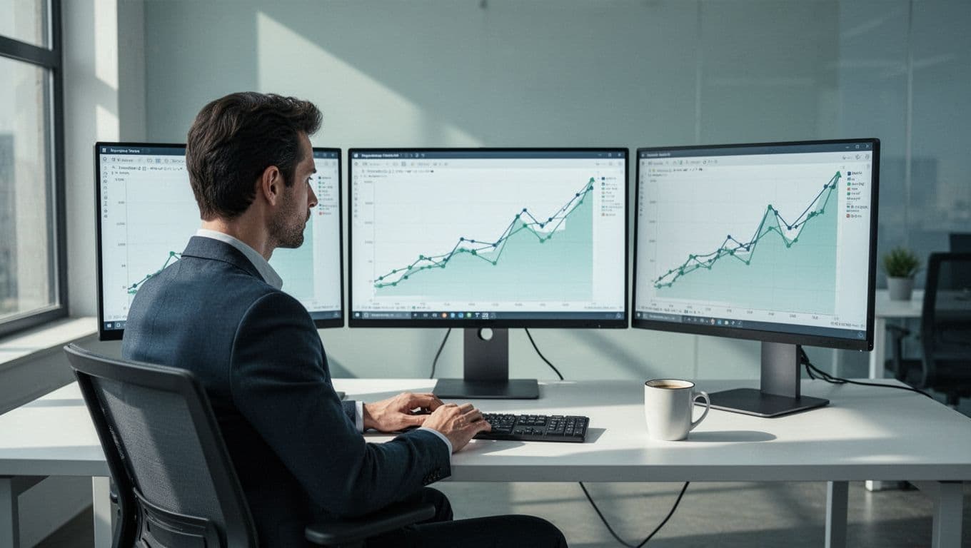 Modern illustration of a person at a desk analyzing rising SaaS growth metrics on multiple screens in a clean office setting with a coffee mug nearby.