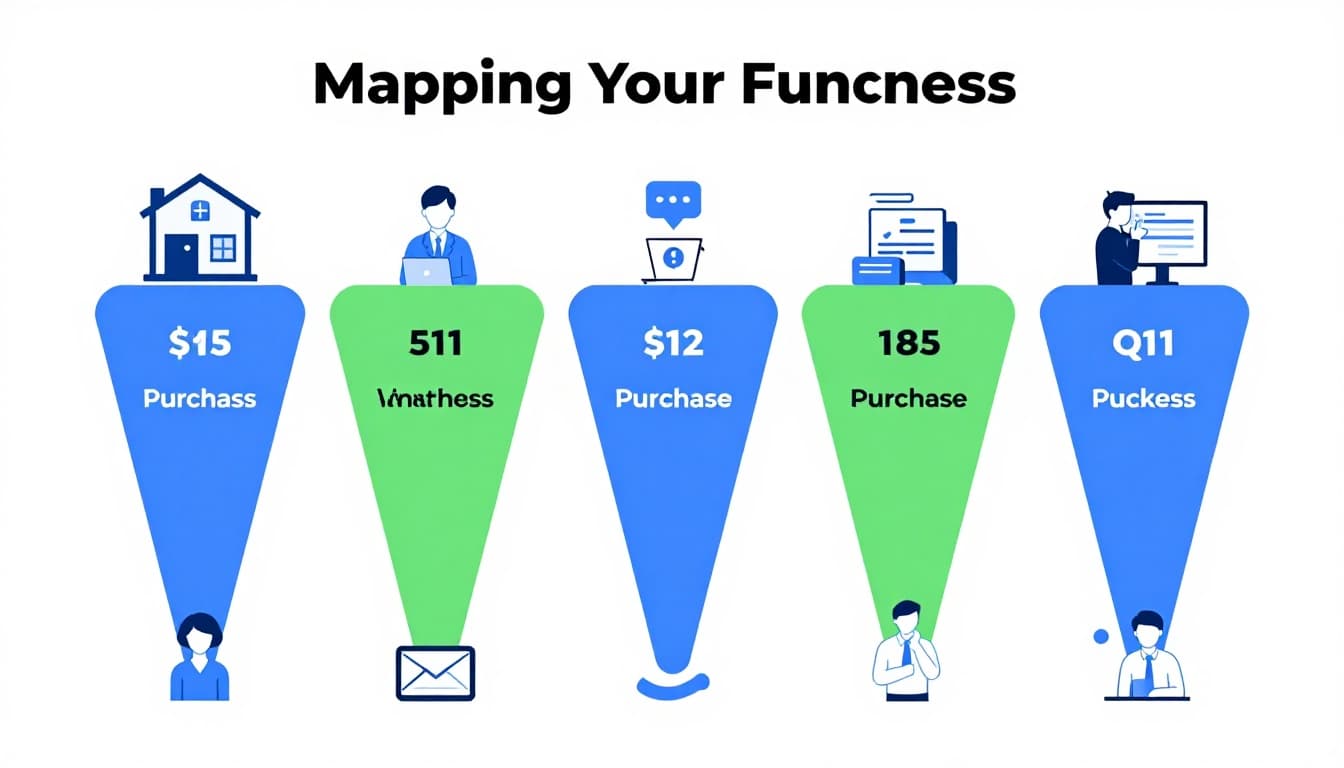 Modern illustration of a SaaS sales funnel depicting stages from awareness to purchase, featuring people moving through paths with clean shapes in blue and green tones.