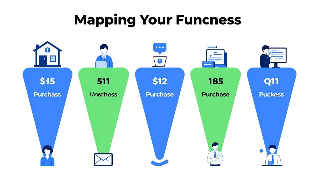 Modern illustration of a SaaS sales funnel depicting stages from awareness to purchase, featuring people moving through paths with clean shapes in blue and green tones.