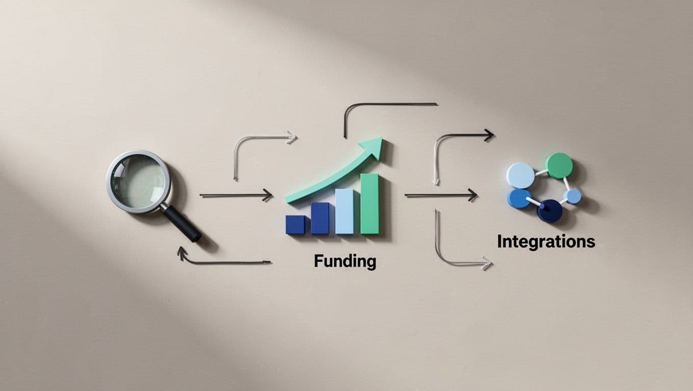 Modern illustration showing a flowchart of evaluating SaaS tools: search growth to funding check to integrations, simple icons connected by arrows, neutral background, landscape composition, soft lighting, clean shapes controlled colors strong composition, no text, no people, no logos no watermarks.